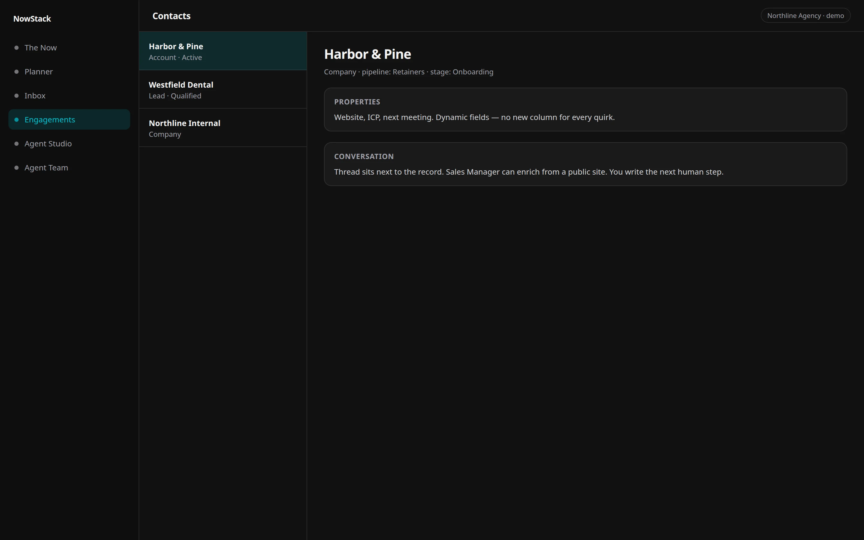 NowStack AI contacts and companies in the operations OS