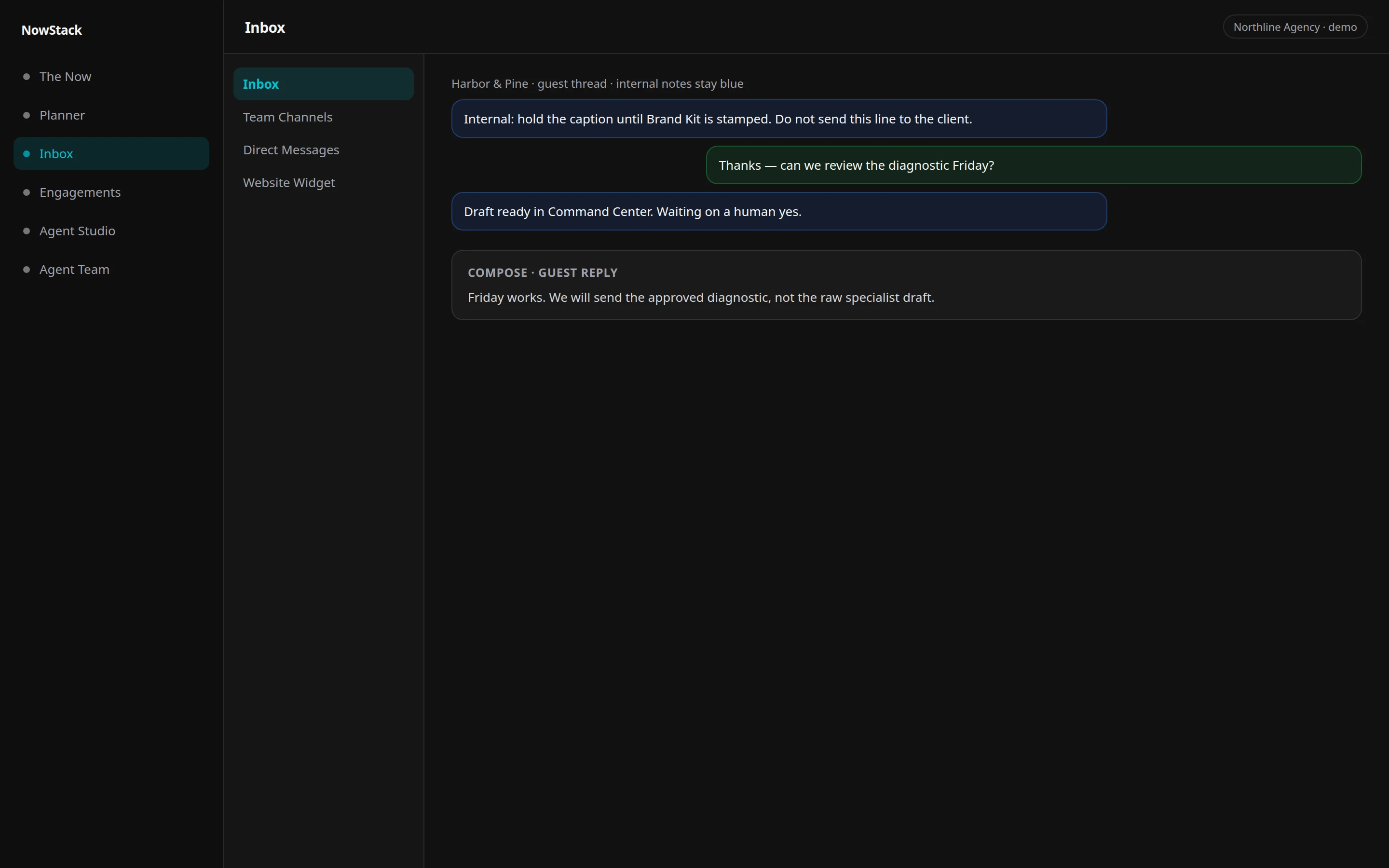 Unified inbox with internal notes and guest threads visually distinct