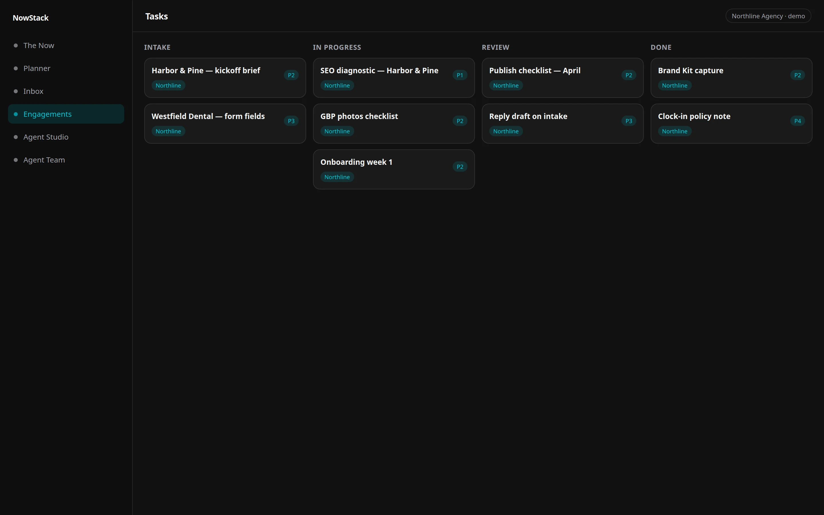NowStack AI task board with pipelines and priorities